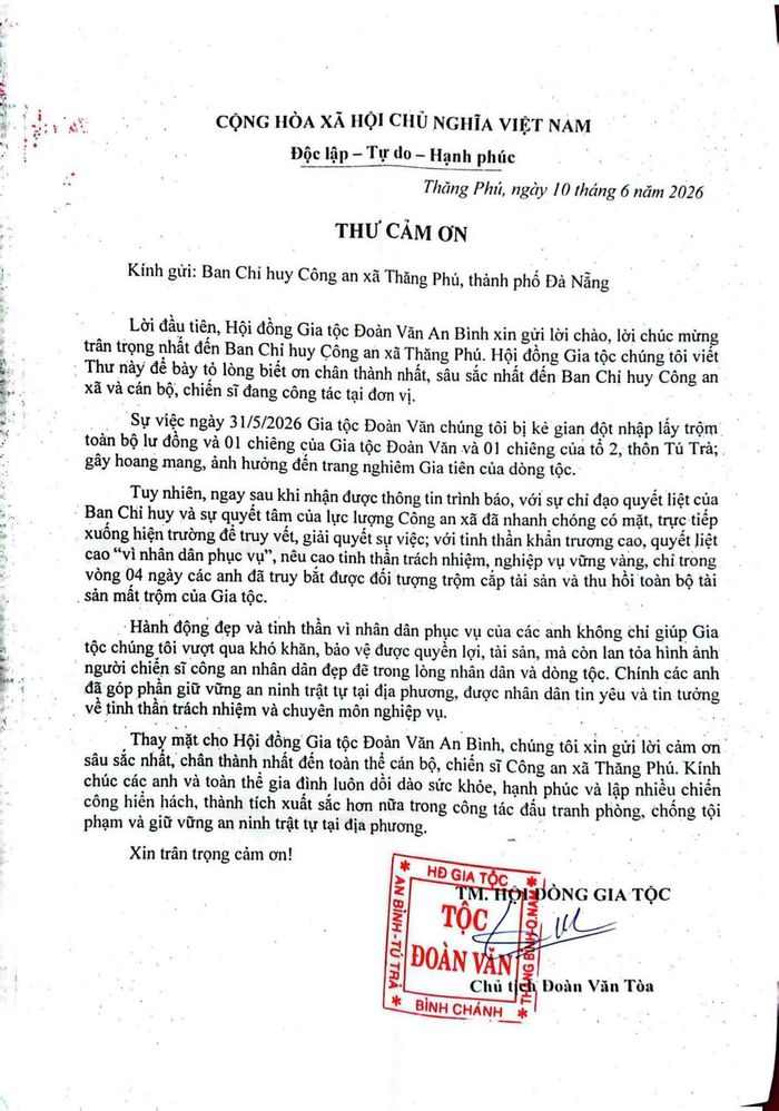 Thư cảm ơn của của Hội đồng Gia tộc Đoàn Văn An Bình.