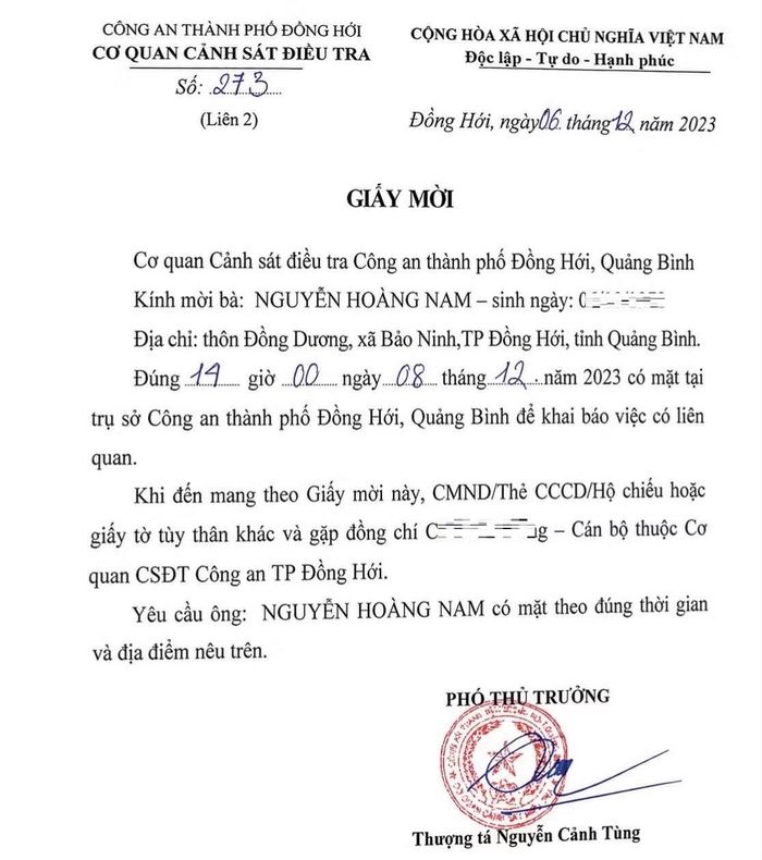 Giấy mời của Công an TP Đồng Hới yêu cầu tác giả loạt bài đến để khai báo việc có liên quan