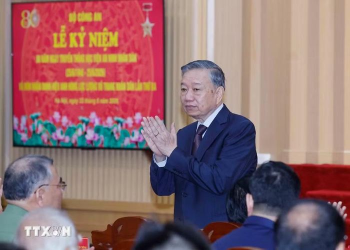 Tổng Bí thư, Chủ tịch nước Tô Lâm dự Lễ kỷ niệm 80 năm Ngày truyền thống Học viện An ninh nhân dân. (Ảnh: Phạm Kiên/TTXVN)