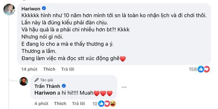 Phản ứng của Hari Won bên dưới bài đăng của Trấn Thành (Ảnh: Chụp màn hình).