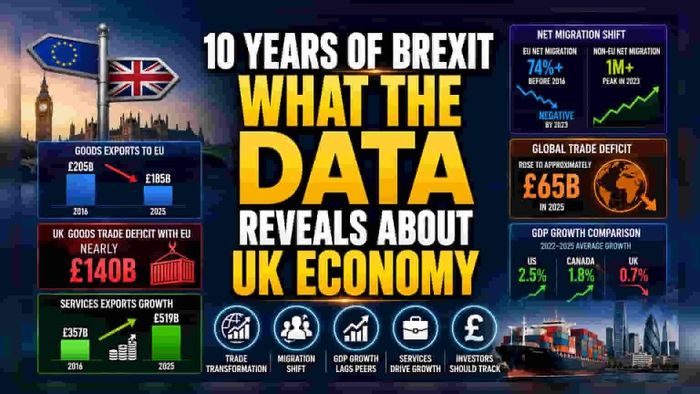 Mười năm sau cuộc bỏ phiếu Brexit, nền kinh tế Anh cho thấy một sự thay đổi lớn với tỷ lệ di cư từ EU giảm và lượng người nhập cư từ ngoài EU đạt mức kỷ lục. Ảnh: whalesbook