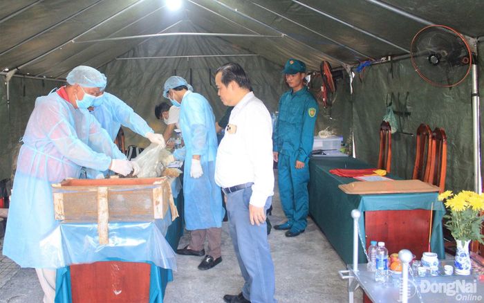 Lực lượng chức năng di quách và lấy mẫu hài cốt liệt sĩ tại Nghĩa trang liệt sĩ Nhơn Trạch. Ảnh: Đoàn Mai