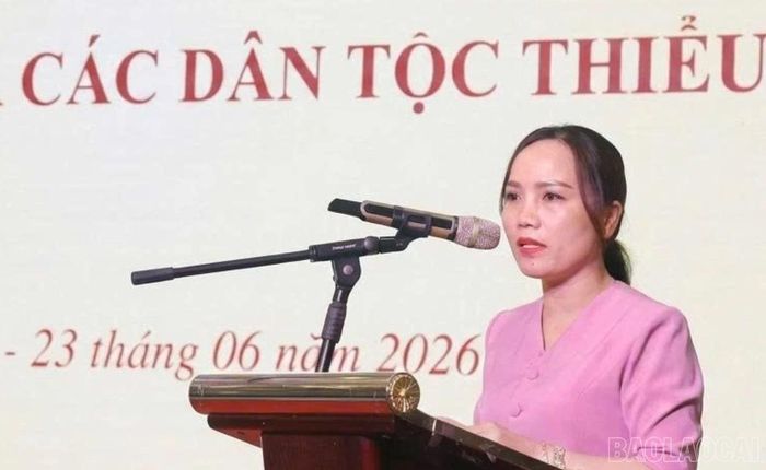 Đồng chí Sùng Hồng Mai - Phó Giám đốc Sở Văn hóa, Thể thao và Du lịch tỉnh Lào Cai phát biểu tại lớp tập huấn.