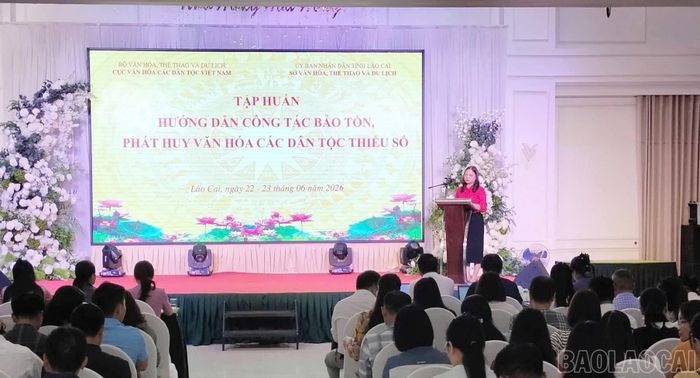 Đồng chí Nguyễn Thị Hải Nhung - Phó Cục trưởng Cục Văn hóa các dân tộc Việt Nam phát biểu khai mạc lớp tập huấn.