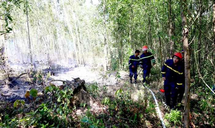 Cán bộ, chiến sĩ Phòng Cảnh sát phòng cháy, chữa cháy và cứu nạn, cứu hộ, Công an tỉnh tham gia chữa cháy - Ảnh: V.Minh