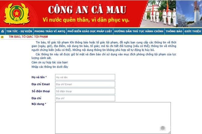 Mục “Hộp thư tố giác tội phạm” trên Trang thông tin điện tử Công an Cà Mau.