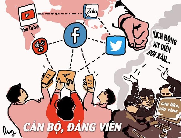 Đội ngũ cán bộ, đảng viên cần chủ động đấu tranh chống lại những luận điệu xuyên tạc của các thế lực thù địch bằng cách tuyên truyền chủ trương, chính sách của Đảng, Nhà nước và lan tỏa những thông tin tích cực. Tranh: INTERNET