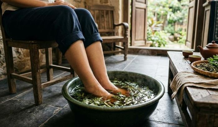 Ngâm chân bằng nước lá ngải cứu ấm là phương pháp đơn giản trong Y học Cổ truyền hỗ trợ lưu thông khí huyết, giảm đau nhức xương khớp và cải thiện chất lượng giấc ngủ hiệu quả.