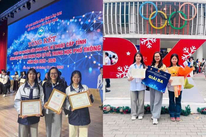 Cô Thanh Phương cùng hai bạn Sơn Trà và Hà Linh rạng rỡ đón nhận giải Nhất cuộc thi Khoa học kỹ thuật cấp Tỉnh.