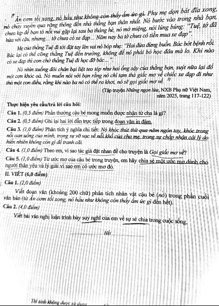 Đề thi môn Văn vào lớp 10 tại Quảng Ninh (Ảnh minh họa từ Internet).
