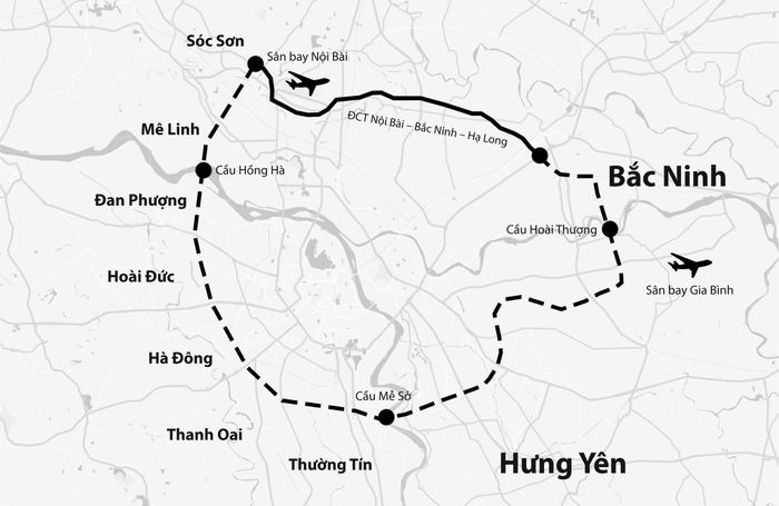  Vành đai 4 - Vùng thủ đô có tổng chiều dài khoảng 113,5 km, qua địa phận Hà Nội, Hưng Yên và Bắc Ninh. Dự án có chiều dài qua TP Hà Nội (17 phường, xã) khoảng 59 km. Ảnh: Google Maps. 