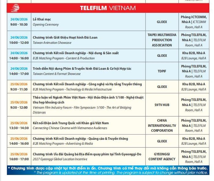 Lịch sự kiện Telefilm Vietnam 2026. Nguồn: BTC