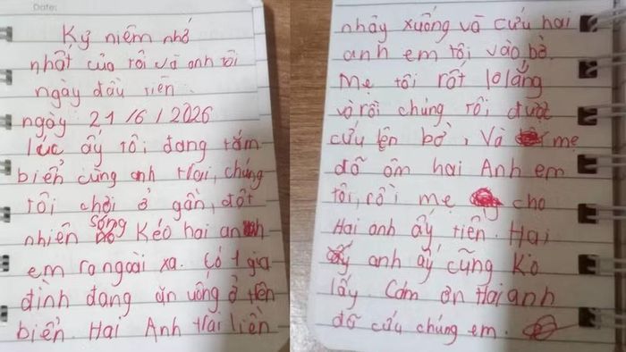 Cháu N.K.A. viết về việc bị sóng cuốn và được anh Lê Đức Trung cứu hộ.