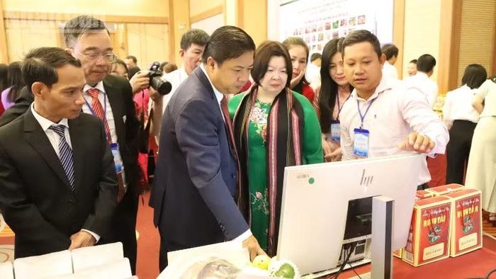 Các đại biểu tham quan gian hàng chuyển đổi số phục vụ phát triển hợp tác xã.