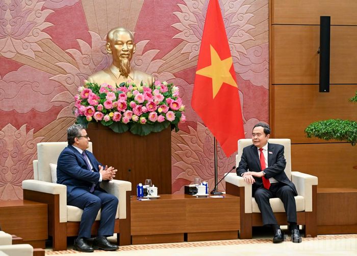 Chủ tịch Quốc hội Trần Thanh Mẫn tiếp Đại sứ Palestine Saadi Salama. (Ảnh: DUY LINH)