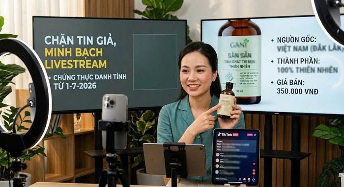 Theo Luật Thương mại điện tử 2025 có hiệu lực từ ngày 1-7-2026, người livestream không được đưa ra các thông tin sai lệch hoặc gây nhầm lẫn về công dụng, xuất xứ, chất lượng, giá bán của sản phẩm Ảnh: AI