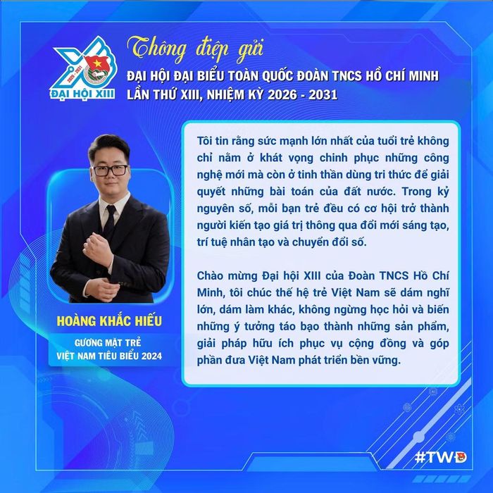 Anh Hoàng Khắc Hiếu - Gương mặt trẻ Việt Nam tiêu biểu năm 2024 chúc các bạn trẻ không ngừng học hỏi và biến những ý tưởng táo bạo thành sản phẩm, giải pháp hữu ích phục vụ cộng đồng và góp phần đưa Việt Nam phát triển bền vững.