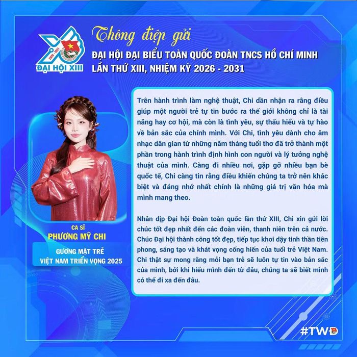  Nữ ca sĩ Phương Mỹ Chi - Gương mặt trẻ Việt Nam triển vọng năm 2025 bày tỏ: "Chi thật sự mong rằng mỗi bạn trẻ sẽ luôn tự tin vào bản sắc của mình, bởi khi hiểu mình đến từ đâu, chúng ta sẽ biết mình có thể đi xa đến đâu". 