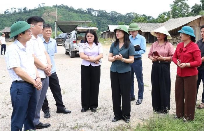 Bà Trần Thanh Nhàn, Phó Chủ tịch UBND tỉnh Lạng Sơn (đội mũ cối, đứng giữa) cùng đại diện các sở ban ngành kiểm tra hiện trường ngày 23/6.