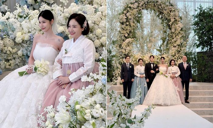 Mỹ Linh bên mẹ ruột (ảnh trái) và gia đình hai bên 