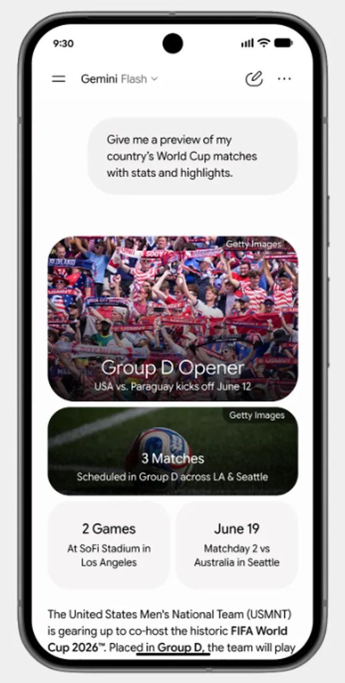 Người dùng có thể hỏi về các trận đấu World Cup 2026 trên Gemini. Ảnh: Google