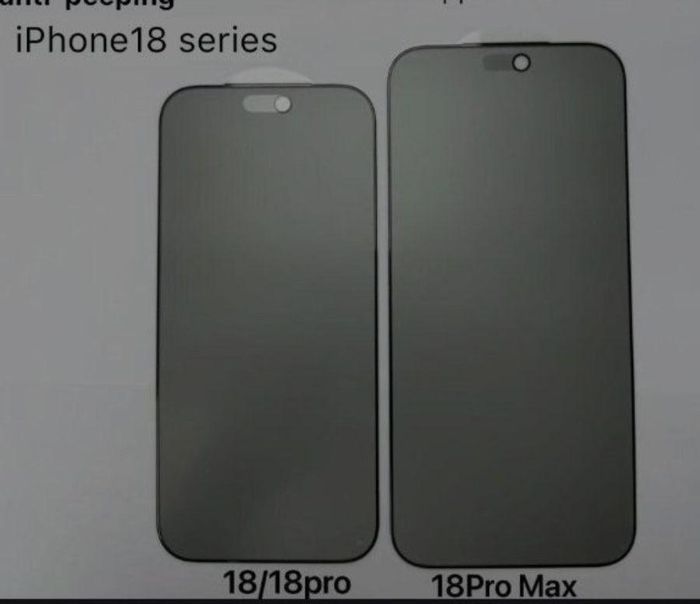 Hình ảnh rò rỉ miếng dán bảo vệ màn hình bằng kính cường lực dành cho iPhone 18 Pro và iPhone 18 Pro Max cho thấy Dynamic Island đã được thu nhỏ đáng kể. Ảnh: Yeux1122