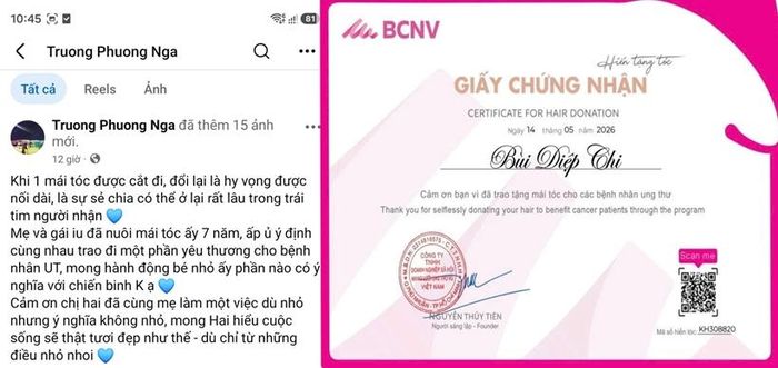  Từ một hành động cá nhân, câu chuyện trở thành thông điệp của lòng nhân ái. Ảnh phải: Giấy chứng nhận hiến tóc của bé Bùi Diệp Chi. 