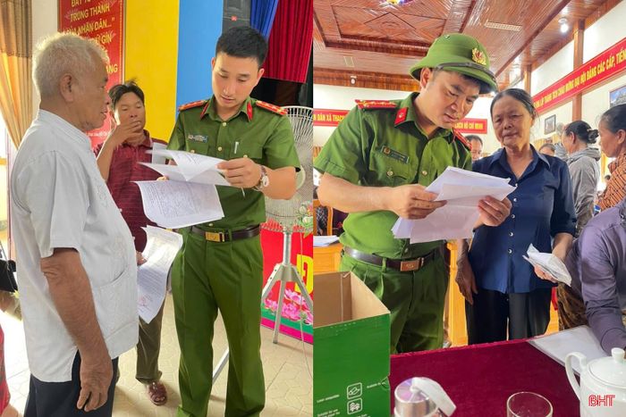 Công an xã Thạch Lạc hướng dẫn thân nhân liệt sĩ kê khai các thông tin đăng ký.