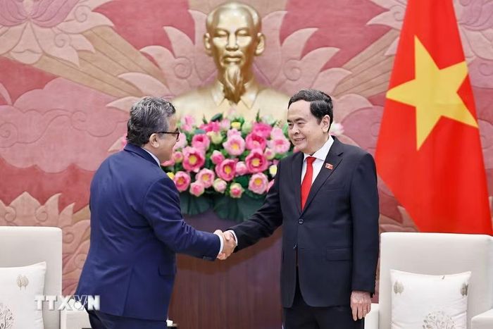 Chủ tịch Quốc hội Trần Thanh Mẫn tiếp Đại sứ đặc mệnh toàn quyền Nhà nước Palestine tại Việt Nam Saadi Salama. (Ảnh: Doãn Tấn/TTXVN)