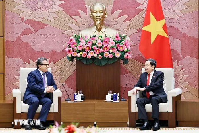 Chủ tịch Quốc hội Trần Thanh Mẫn tiếp Đại sứ đặc mệnh toàn quyền Nhà nước Palestine tại Việt Nam Saadi Salama. (Ảnh: Doãn Tấn/TTXVN)
