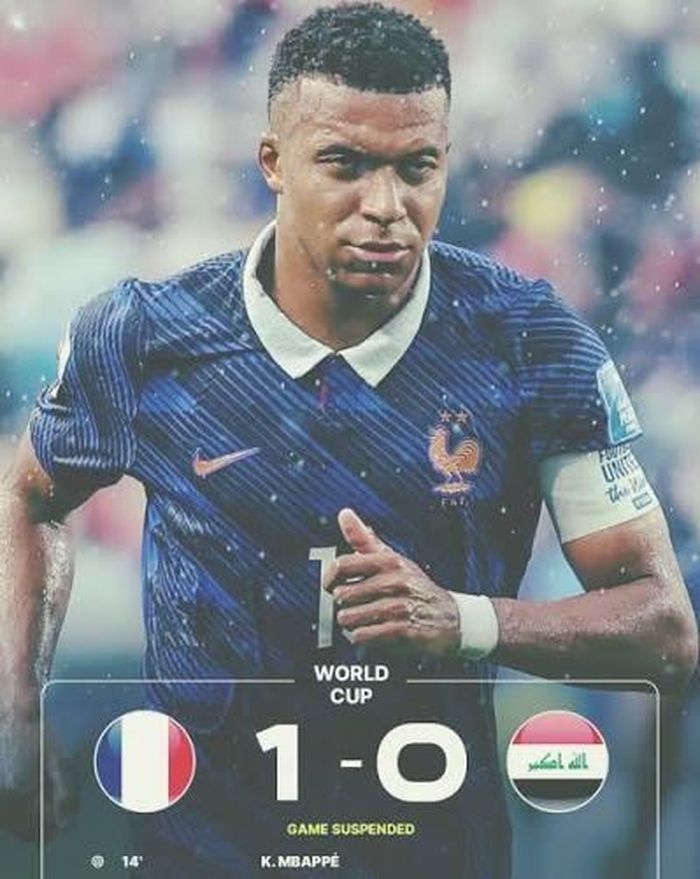 Trước khi bị hoãn, Pháp dẫn Iraq 1 - 0 nhờ công Mbapp.