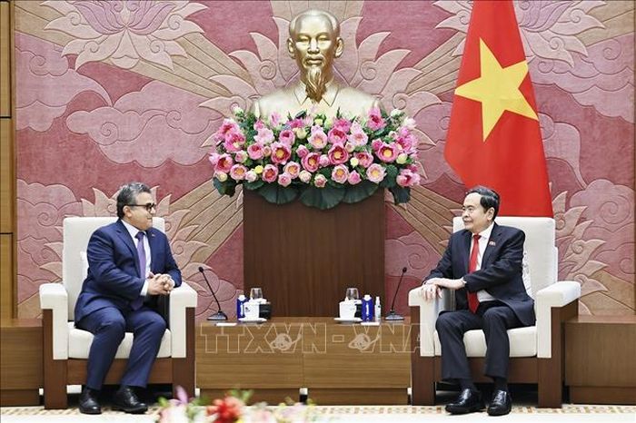 Chủ tịch Quốc hội Trần Thanh Mẫn tiếp Đại sứ đặc mệnh toàn quyền Nhà nước Palestine tại Việt Nam Saadi Salama. Ảnh: Doãn Tấn/TTXVN