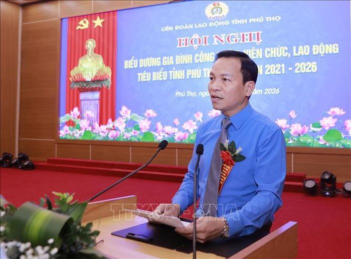Phó Chủ tịch Liên đoàn Lao động tỉnh Phú Thọ Đỗ Ngọc Anh phát biểu tại Hội nghị. Ảnh: Hoàng Hùng/TTXVN