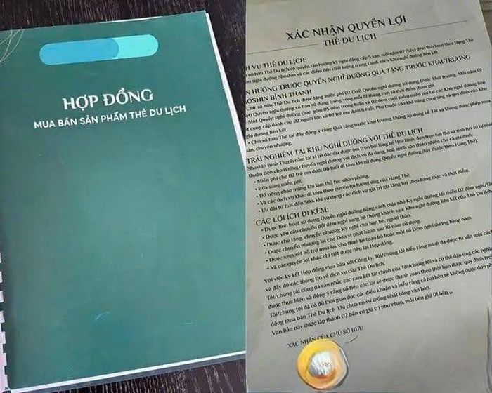Bản hợp đồng mua bán thẻ du lịch với nhiều điều khoản quyền lợi mập mờ nhưng người mua vì tin tưởng tư vấn viên đã đặt bút kí mua thẻ này. Ảnh: NVCC