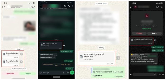 Một vài ví dụ về tin nhắn WhatsApp có chứa tệp VBScript độc hại. Nguồn: Bài đăng trên mạng xã hội của những nạn nhân được cho là đã bị tấn công.