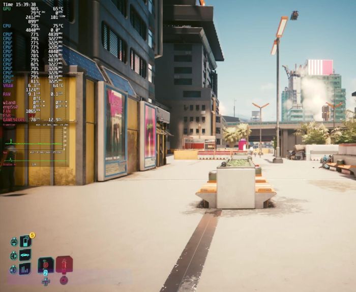 Cyberpunk 2077 chạy ở 1080p Ultra với FSR Auto trên Steam Machine với lớp phủ hiệu năng trên màn hình