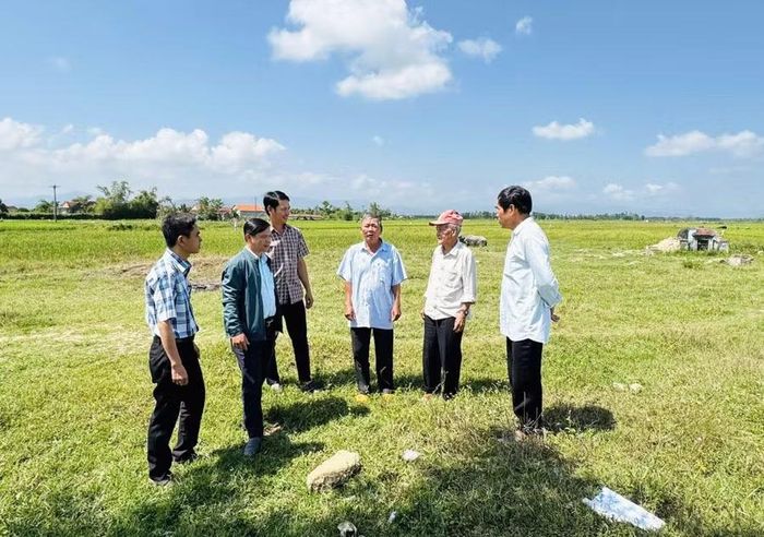  Cán bộ xã Bình Hiệp vận động người dân thôn Trà Sơn sớm thu dọn hoa màu, bàn giao mặt bằng sạch thi công Dự án đường bộ cao tốc Quy Nhơn - Pleiku. Ảnh: N.H 