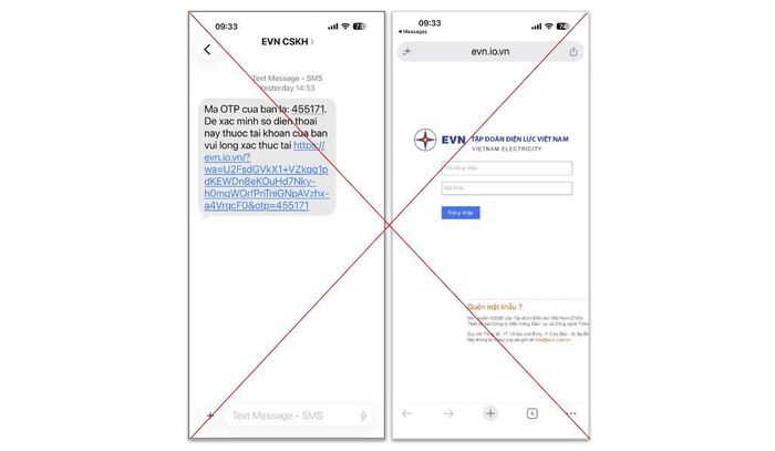 Tin nhắn giả mạo Brandname EVN CSKH, gửi kèm đường link lạ yêu cầu khách hàng xác nhận thông tin.