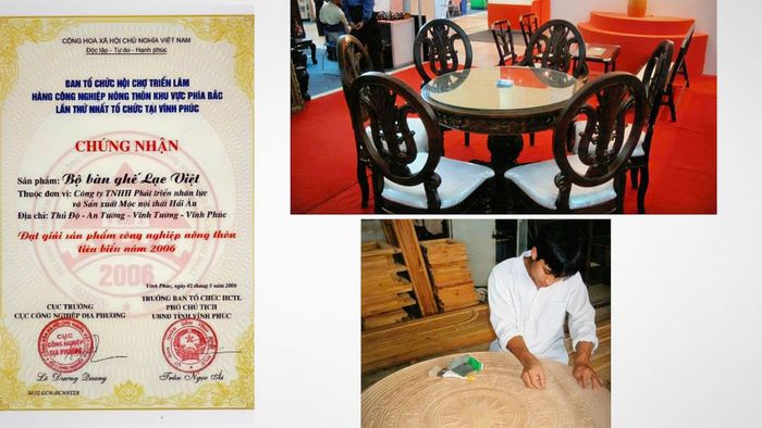 Bộ bàn ghế Lạc Việt chạm khắc hoa văn Trống Đồng Ngọc Lũ sản xuất bằng gỗ xoan trồng do nghệ nhân Kiều Đức Thưởng nghiên cứu, chế tác đã đạt giải sản phẩm công nghiệp nông thôn tiêu biểu khu vực phía Bắc lần thứ nhất.
