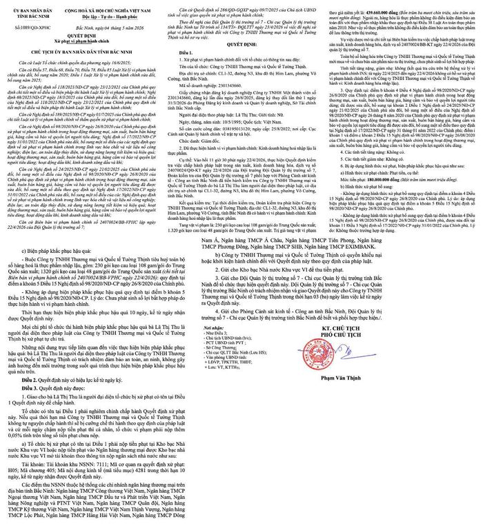 Quyết định số 1089/QĐ-XPHC do Phó Chủ tịch UBND tỉnh Bắc Ninh ký ngày 04/5/2026.