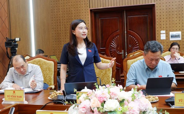 ĐBQH hoạt động chuyên trách tại Ủy ban Văn hóa và Xã hội Nguyễn Phạm Duy Trang trình bày một số ghi nhận của Đoàn khảo sát về tình hình đưa người lao động Việt Nam đi làm việc ở nước ngoài theo hợp đồng tại Hưng Yên