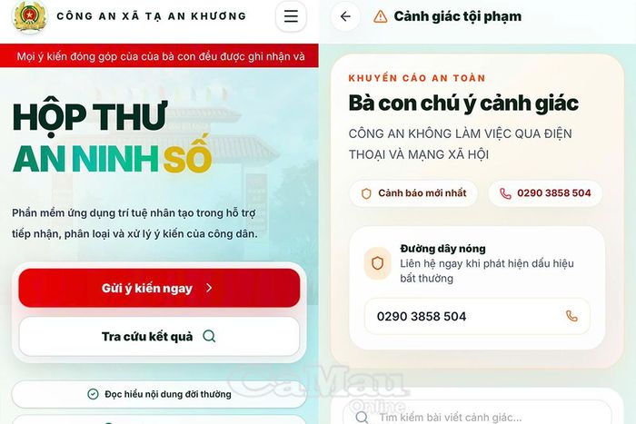 Giao diện “Hộp thư An ninh số” của Công an Xã Tạ An Khương cho phép người dân gửi phản ánh, kiến nghị và theo dõi tiến độ xử lý vụ việc.