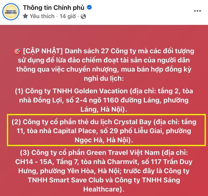 Công ty cổ phần thẻ du lịch Crystal Bay nằm trong danh sách 27 doanh nghiệp được sử dụng để lừa đảo thông qua việc mua bán hợp đồng kỳ nghỉ.