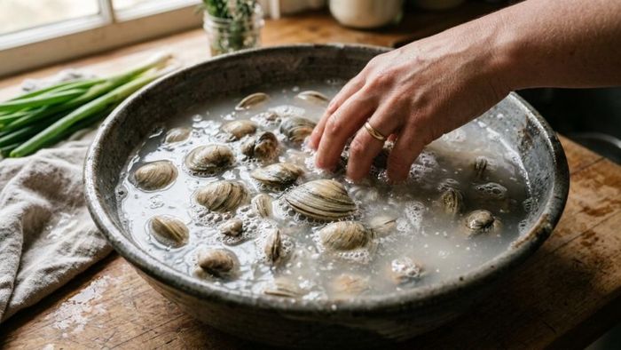 Nước gạo cũng là một mẹo làm sạch nghêu (ngao) dễ dàng nhất. Ảnh: XHS