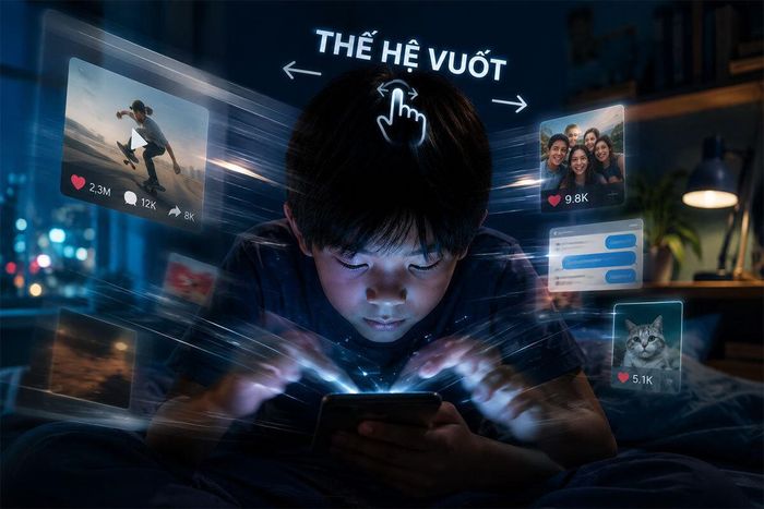 Trẻ em ngày nay được gọi là "thế hệ vuốt" vì vuốt màn hình điện thoại nhiều hơn giao tiếp thật sự. (Ảnh minh họa: AI)