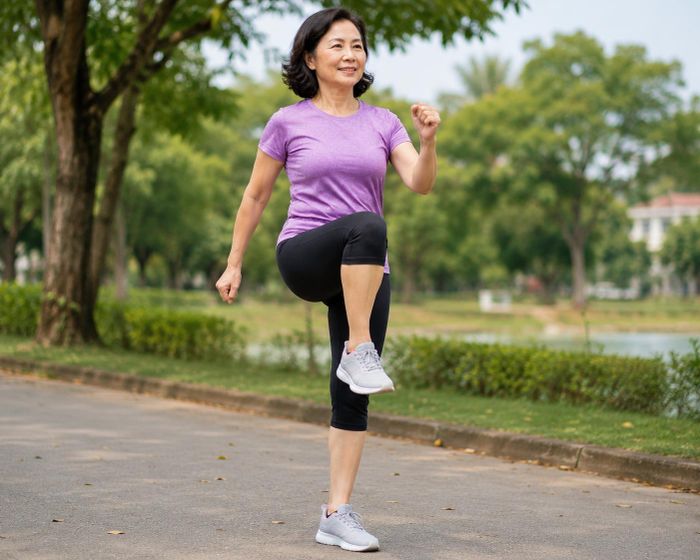 Đi bộ nâng cao gối là biến thể đơn giản giúp tăng cường hoạt động của cơ bụng dưới, cơ gấp hông và cơ đùi trước.