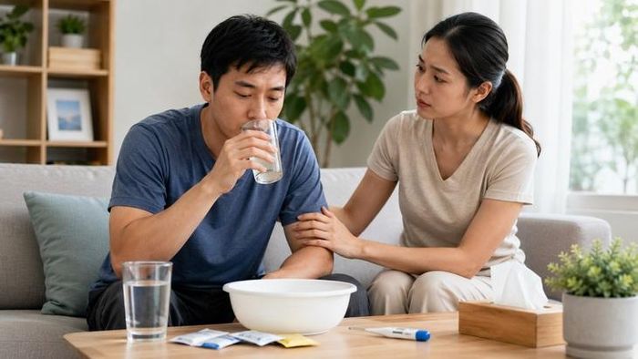 Sau khi ăn thực phẩm nghi ngộ độc, người bệnh nên bù nước từng ngụm nhỏ và theo dõi sát dấu hiệu mất nước.