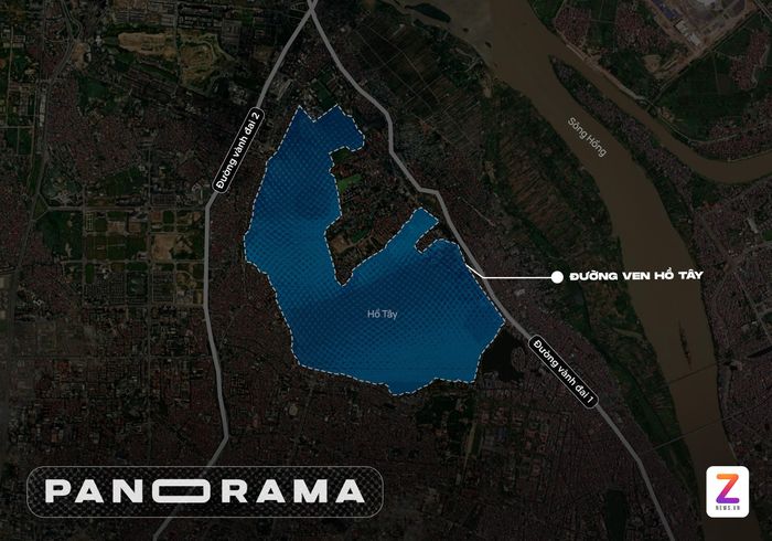  Hồ Tây là hồ nước ngọt có diện tích nước lớn nhất Thủ đô, lên đến hơn 526 ha, được hình thành từ đoạn sông Hồng cũ sau quá trình bồi đắp và thay đổi dòng chảy hàng nghìn năm. Ảnh: Google Maps - Đồ họa: Phan Nhật 