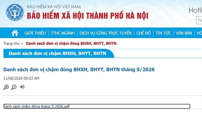 Thông tin về các đơn vị chậm đóng bảo hiểm xã hội, bảo hiểm y tế, bảo hiểm thất nghiệp trên website Bảo hiểm xã hội Hà Nội.