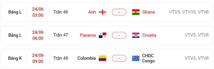 Lịch thi đấu lượt trận thứ hai bảng L, K World Cup 2026 ngày 24-6. Ảnh: 24h.com.vn